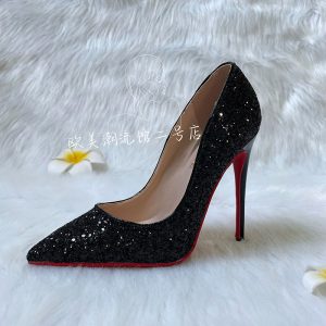Black Red Sole High Heels Women's Stiletto Heels Fall/Winter 2023 New Sequin Crystal Wedding Shoes Pointed-toe Professional Sexy Singles