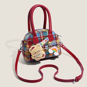 Plaid ins bag girl cute little brown bear fashion shoulder handbag high-value commuter coin purse crossbody bag