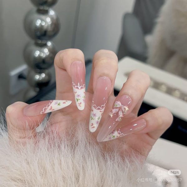 Semi-handmade gentle temperament girl French flower bow nail whitening finished product removable nail sticker - Image 3