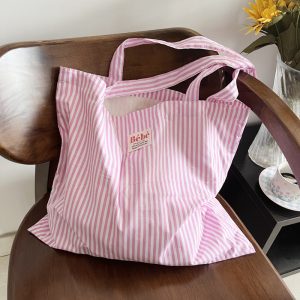 Homemade striped large-capacity eco-friendly bag, French casual and versatile, fresh thin cotton shoulder bag, hand-held shopping bag