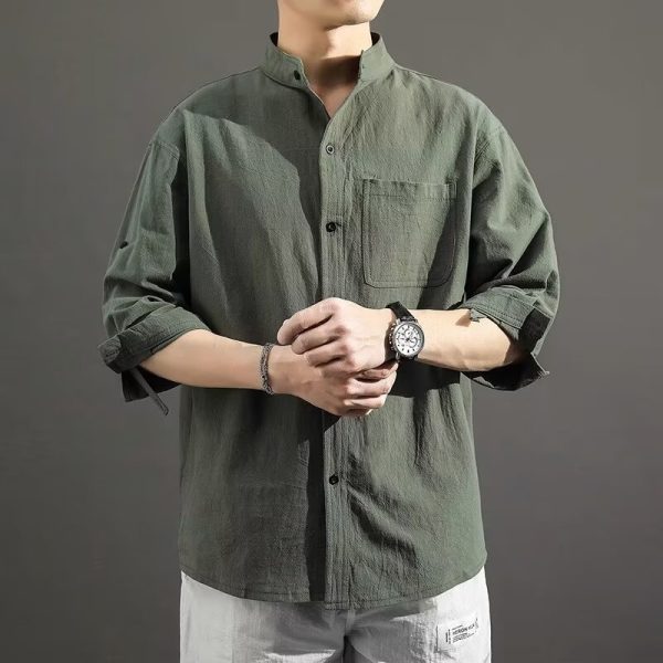 Large size linen short-sleeved shirt men's loose trendy fat man plus fertilizer to increase men's summer cotton and linen five-point sleeve thin section - Image 4