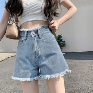 Raw edge fringed denim shorts for women small women, summer 2025 new thin high-waisted A-line loose wide-leg hot pants A