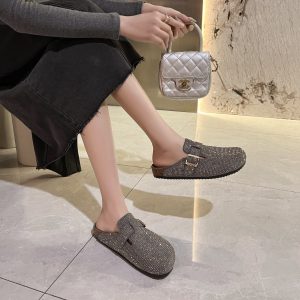 2025 spring new Baotou lazy semi-drag belt buckle leather rhinestone heelless slippers women's versatile