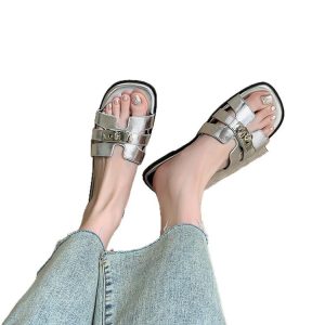 Simple and versatile wear sheepskin slippers on the outside, 2025 summer on the inside and outside, full leather silver buckle half-slippers, flat open-toe slippers for women