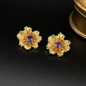 French Elegant Purple Zircon Flower Earrings Ring Set Gilded Flower Medieval Plain Gold Gardenia Flower Stud Earrings