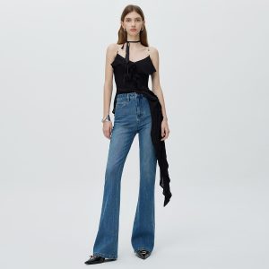 High-end 2025 new four-way stretch bootcut stretch jeans women's dark blue slim and versatile trousers tide