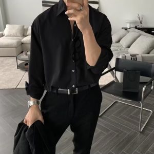 White Long Sleeve Shirt Men's New Korean Drape Top Loose Abstinence Lace Ice Silk Cool DK Solid Color Shirt