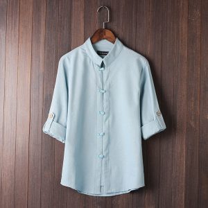 2025 cross-border men's foreign trade cropped sleeve shirt linen retro plus size shirt trendy men's linen shirt 9 colors