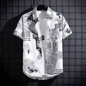 2024 Summer Short Sleeve Shirt Men's Thin Graffiti Newspaper Print Hong Kong Style Trend Ruffian Handsome Loose Half Sleeve Shirt