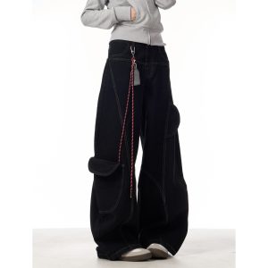 2025 spring autumn new year red jeans women's national tide deconstructed scimitar design loose mopping trousers tide