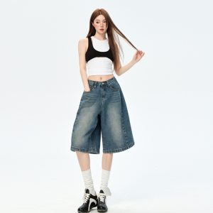 2025 American retro five-point jeans women's summer new loose high-waisted relaxed wide-leg five-point pants