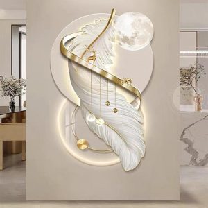Modern light luxury acrylic feather porch decorative painting entrance hallway background wall LED wall lamp hanging picture with clock
