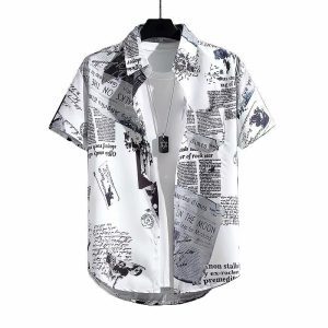 2024 Summer Short Sleeve Shirt Men's Thin Graffiti Newspaper Print Hong Kong Style Trend Ruffian Handsome Loose Half Sleeve Shirt