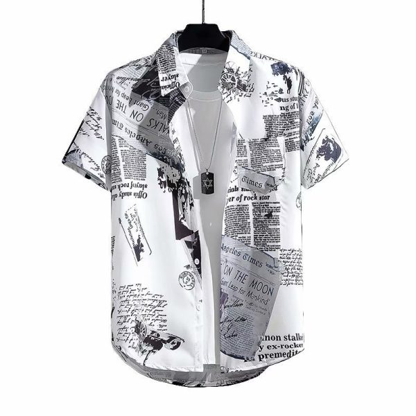 2024 Summer Short Sleeve Shirt Men's Thin Graffiti Newspaper Print Hong Kong Style Trend Ruffian Handsome Loose Half Sleeve Shirt - Image 5