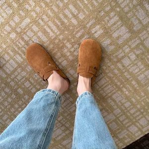 Toe toe half slipper women's 2025 autumn and winter new cowhide retro mules flat casual leather cute Birkenstocks