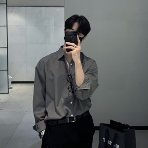 White Long Sleeve Shirt Men's New Korean Drape Top Loose Abstinence Lace Ice Silk Cool DK Solid Color Shirt