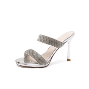 Temperament women's shoes summer 2023 new round toe high heel sandals casual daily versatile rhinestone silver champagne banquet