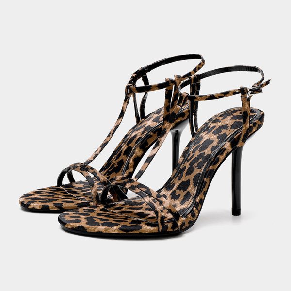 ZA new women's shoes European and American open-toe sandals with fashion buckles leopard print high heels women's stiletto heels and super high heels are sexy