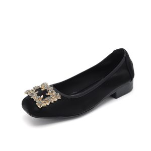 Foreign trade cross-border new square toe ice silk flower diamond gold buckle work shoes low heel soft sole comfortable women's single shoes 313-3