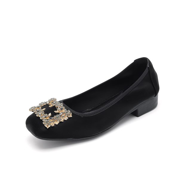 Foreign trade cross-border new square toe ice silk flower diamond gold buckle work shoes low heel soft sole comfortable women's single shoes 313-3 - Image 2
