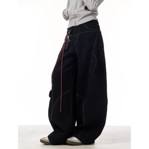 2025 spring autumn new year red jeans women's national tide deconstructed scimitar design loose mopping trousers tide