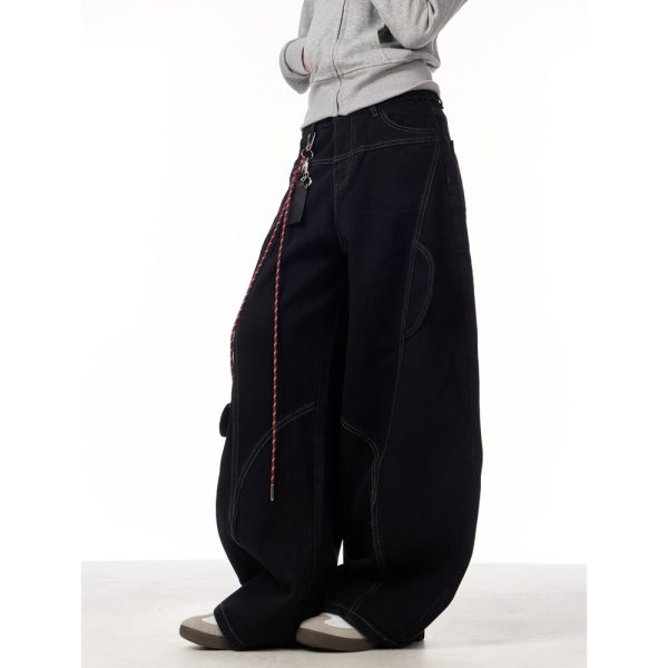 2025 spring autumn new year red jeans women's national tide deconstructed scimitar design loose mopping trousers tide - Image 4