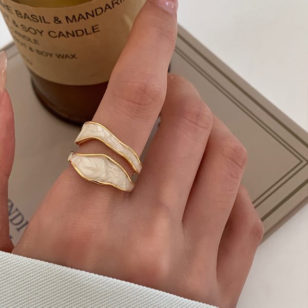 Geometric double-layer hollow ring, women's fashion temperament, irregular drop glaze, color-blocked open ring, ins wind index finger ring