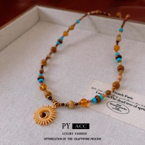 Titanium steel natural stone sun pendant stainless steel necklace cross-border Maillard temperament collarbone chain niche jewelry wholesale