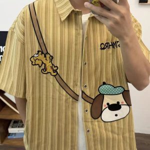 American retro trendy brand cartoon anime short-sleeved shirt men's summer thin loose and versatile casual shirt jacket men