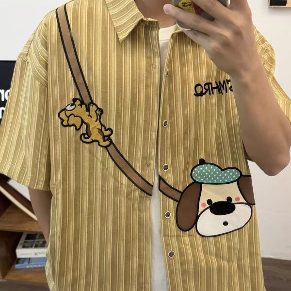 American retro trendy brand cartoon anime short-sleeved shirt men's summer thin loose and versatile casual shirt jacket men - Image 4