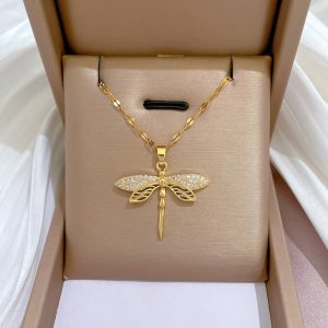 Light luxury personality, hollow dragonfly, real gold necklace, female transfer, ins, net red, clavicle chain accessories