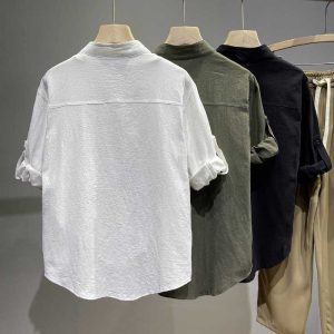 Linen shirt short sleeve shirt loose men's chinoiserie long sleeve summer cotton linen men's casual three-quarter sleeves