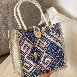 Ethnic canvas bag women's summer new fashion outing hand-held linen lunch box bento bag hand-carried mommy bag