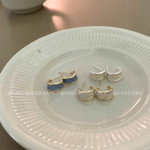 Retro French drip oil ring earrings simple and versatile fashion high-end earrings 925 silver needle personality women~