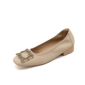 Foreign trade cross-border new square toe ice silk flower diamond gold buckle work shoes low heel soft sole comfortable women's single shoes 313-3