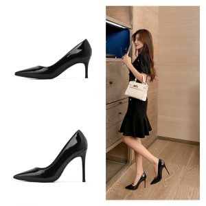 Spring New High Heels Thin Heels Shallow Mouth Pointed Toe Professional Black OL Business Work Shoes Women's Fashion Patent Leather Single Shoes