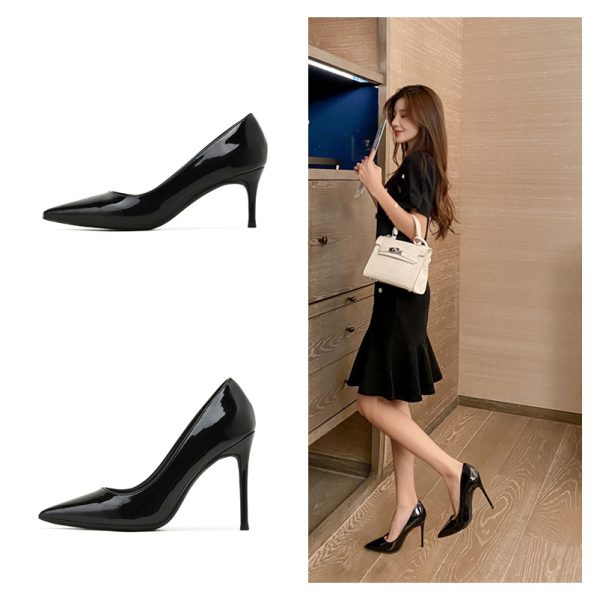 Spring New High Heels Thin Heels Shallow Mouth Pointed Toe Professional Black OL Business Work Shoes Women's Fashion Patent Leather Single Shoes