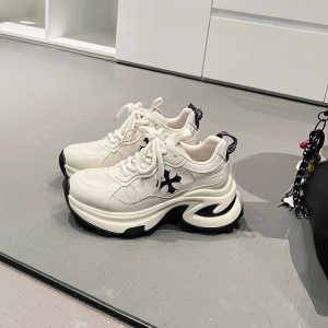 HEIGHT: 7CM~ LEATHER CROSS FLOWER THICK-SOLED DAD SHOES WOMEN'S NEW BREATHABLE RUNNING SHOES CASUAL SNEAKERS IN SPRING