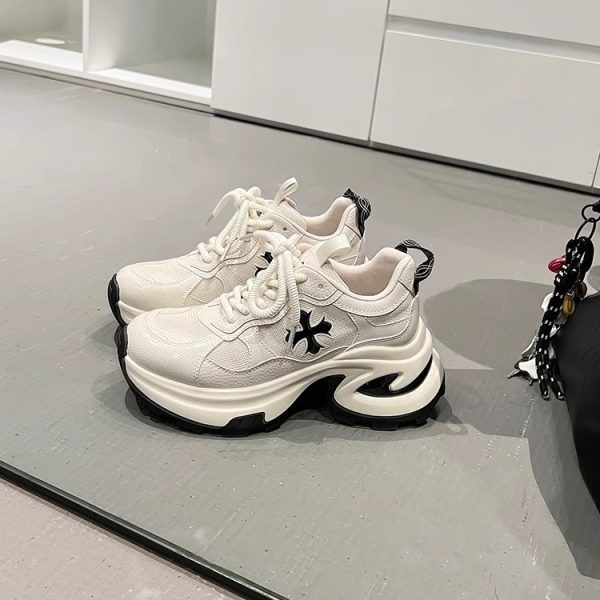 HEIGHT: 7CM~ LEATHER CROSS FLOWER THICK-SOLED DAD SHOES WOMEN'S NEW BREATHABLE RUNNING SHOES CASUAL SNEAKERS IN SPRING - Image 2