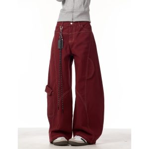 2025 spring autumn new year red jeans women's national tide deconstructed scimitar design loose mopping trousers tide