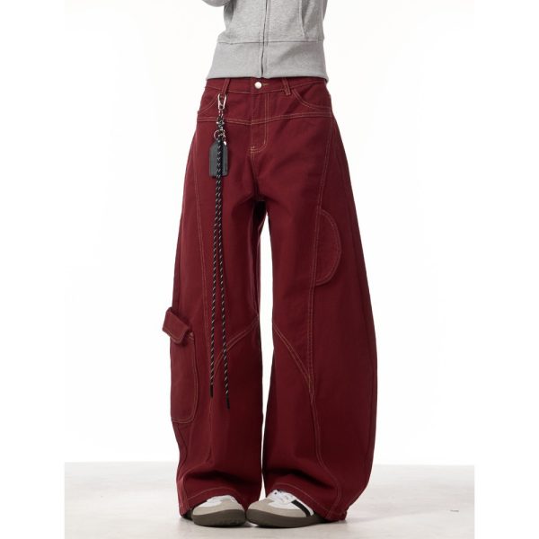 2025 spring autumn new year red jeans women's national tide deconstructed scimitar design loose mopping trousers tide - Image 3