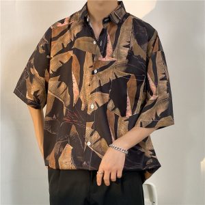 Shirt men's summer thin american retro print short sleeve shirt versatile ins high street casual loose top
