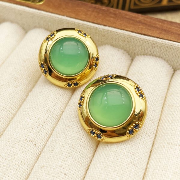 French court style round inlaid jade natural stone retro high-end earrings design gold earrings women - Image 2