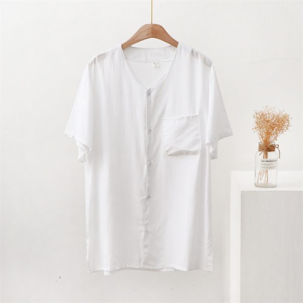 cotton silk middle-aged and elderly men short sleeve round neck shirt morning exercise shirt summer thin dad dress rayon top cardigan - Image 3