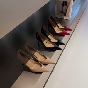 French socialite ~ sheepskin 8.5cm thin heel single shoes women's spring pointed toe OL business patent leather pointed toe nude high heels trend