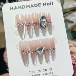 Pure handmade wearable nails 4.0 thin dog ice transparent peach gradient metering cat's eye pearl crushed diamond bo ice white peach nails