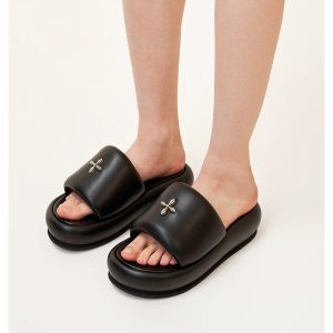 Cross-border spot X SMFK new cross flower sandals women's wilderness black leather wear thick-soled height-increasing slippers