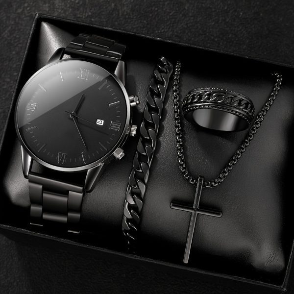 Men's Trend Roman Numeral Fashion Watch 4 Piece Set Men's Black Minimalist Quartz Watch Set