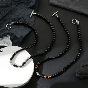 Niche design high-end new stainless steel men's necklace natural tiger's eye map stone beaded OT clasp necklace