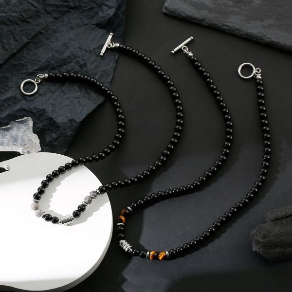Niche design high-end new stainless steel men's necklace natural tiger's eye map stone beaded OT clasp necklace - Image 4